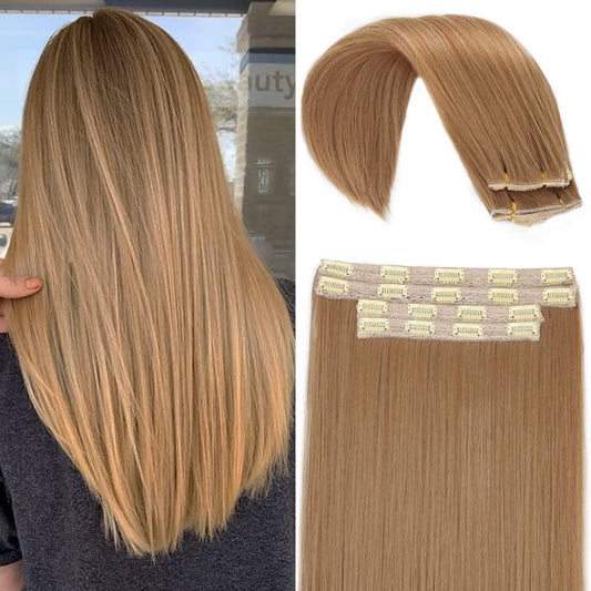 Long straight clip-in hair extensions, honey blonde synthetic with row of clips