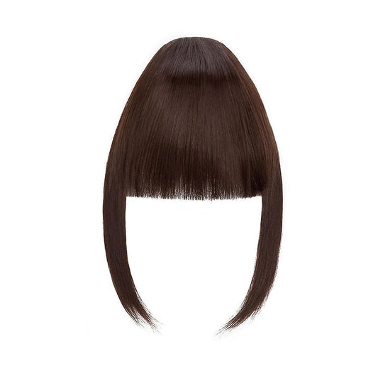 Clip-in hair bangs extension with straight medium-brown fringe and long side strands