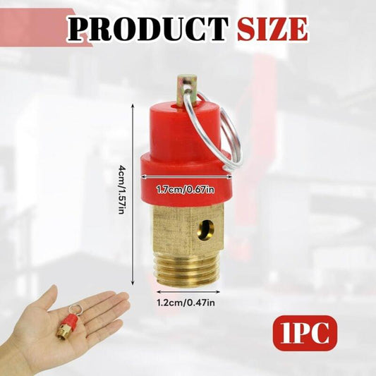 Air compressor safety valve with red top and brass threaded male connector, on hand