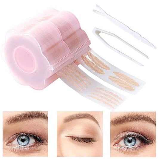 Pink invisible eyelid tape roll with adhesive strips and white applicator tools