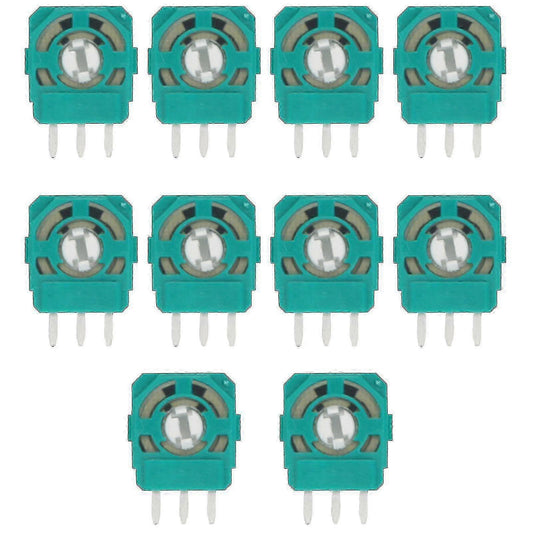 Set of teal adjustable potentiometers with metal shaft and three pins