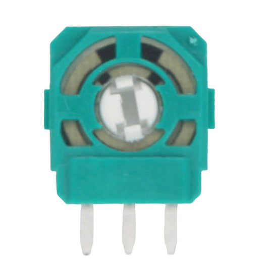 Teal adjustable potentiometer with round metal shaft and three white pins