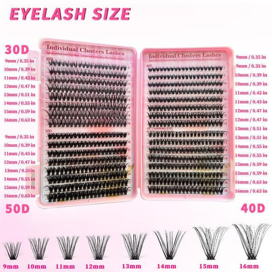False eyelash cluster tray with size guide showing 30D, 40D, 50D lengths