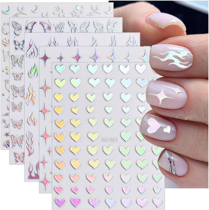 Sheets Aurora Nail Stickers 3D Holographic Laser Heart Star Moon Flame Flower Butterfly Nail Decals Self-adhesive Nail