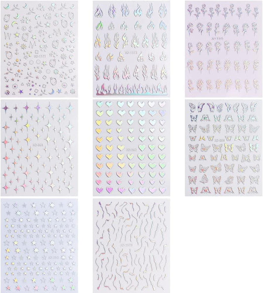 Holographic nail decal sheet with mixed hearts, stars, moons, and flame icons