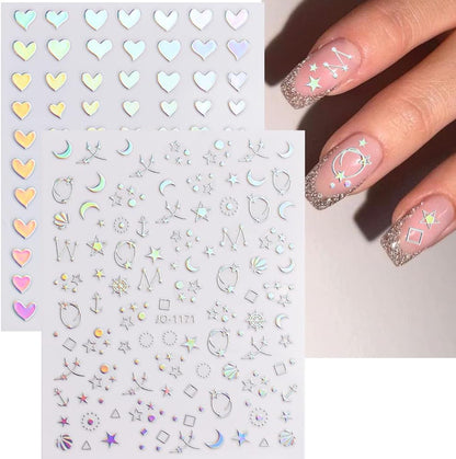 Sheets Aurora Nail Stickers 3D Holographic Laser Heart Star Moon Flame Flower Butterfly Nail Decals Self-adhesive Nail