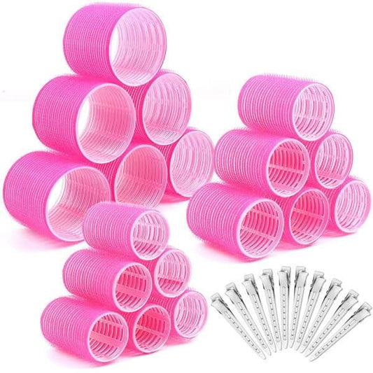 Pink self-adhesive hair coils, heat-free jumbo small rollers with included metal pins