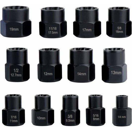Black socket set with labeled sizes on multiple sockets