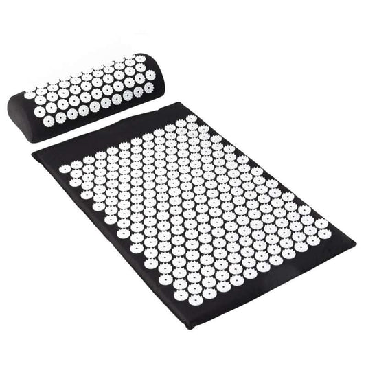 Acupressure nail mat cushion with two black mats and white spike clusters