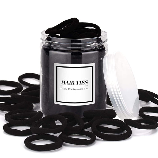 Set of black fabric hair ties in a clear-lidded storage jar, assorted loops