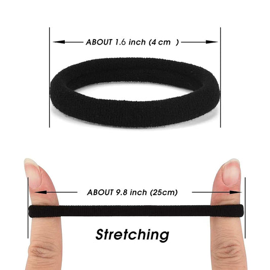 Black elastic hair tie band, shown as a loop with size markers