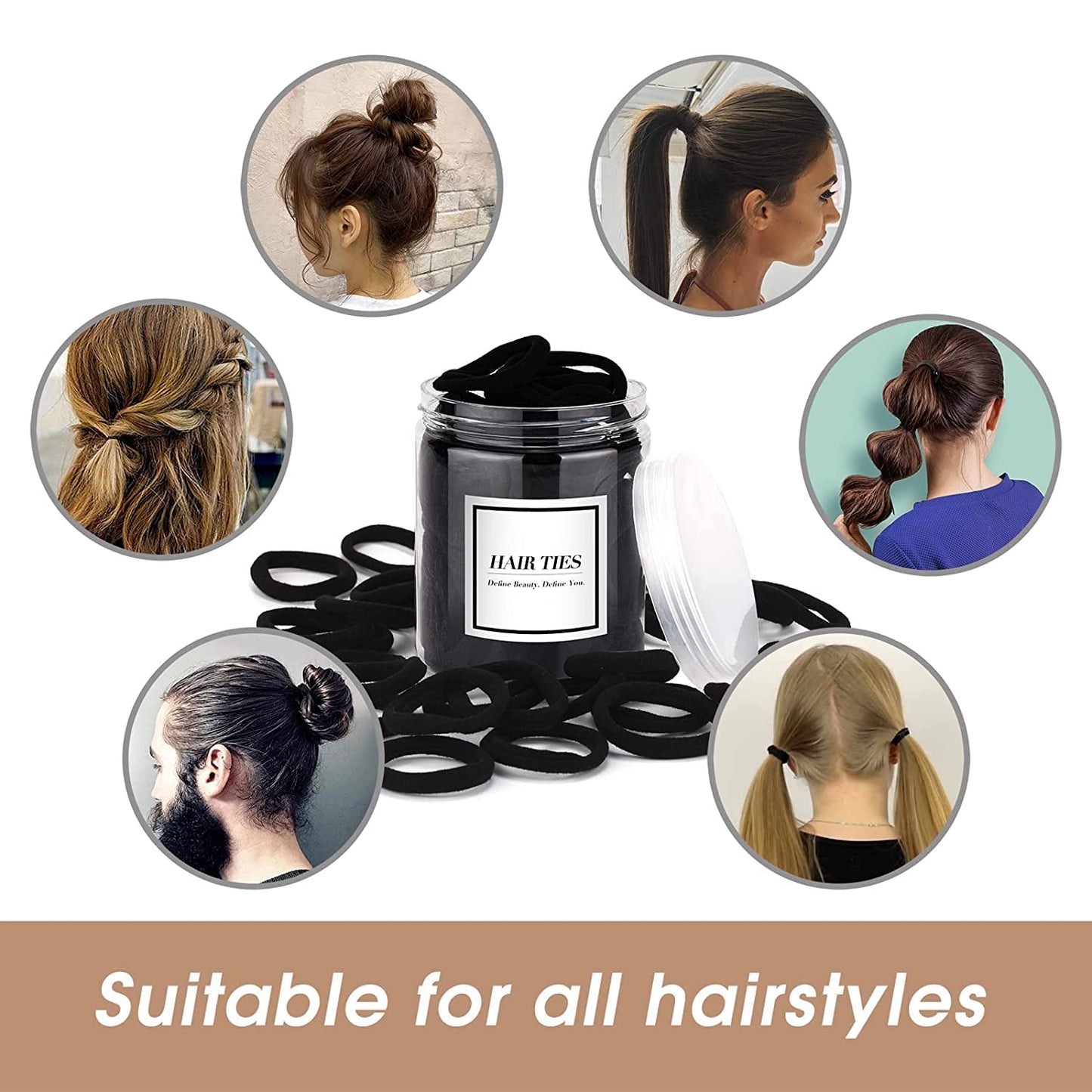 50 pcs Black Hair Ties, Seamless Cotton Ponytail Holders, Elastic Hair Bands That Don't Hurt for Thick, Heavy and Curly Hair dark