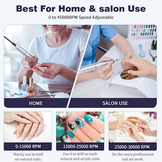 Electric nail drill being used on fingernails with a metal drill bit