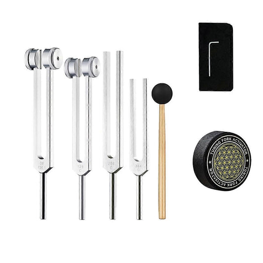 Metal tuning fork set with hockey puck activator and wooden mallet