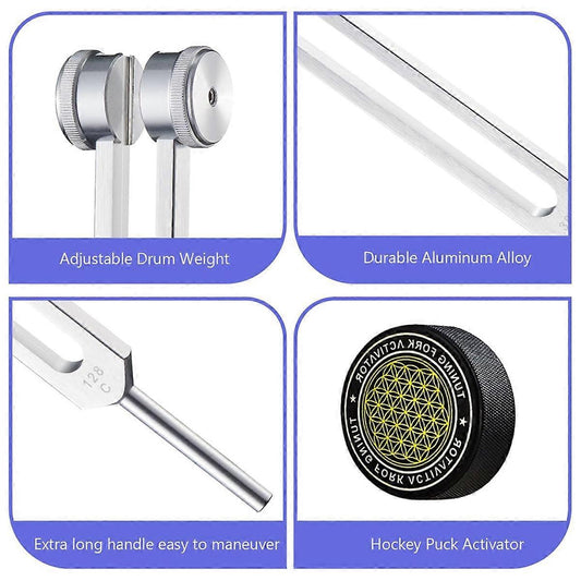 Metal tuning forks and hockey puck activator shown in close-up with long handles