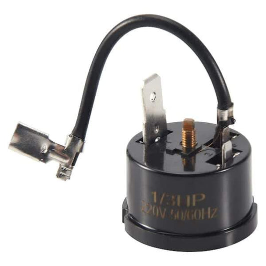 Black thermal overload protector with mounting clips and two electrical terminals
