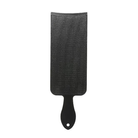 Hair dye coloring board tool with dark mesh panel and black handle, hanging hole