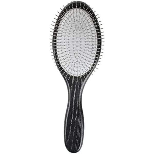 Hair paddle brush with metal spikes, oval white pad and black handle