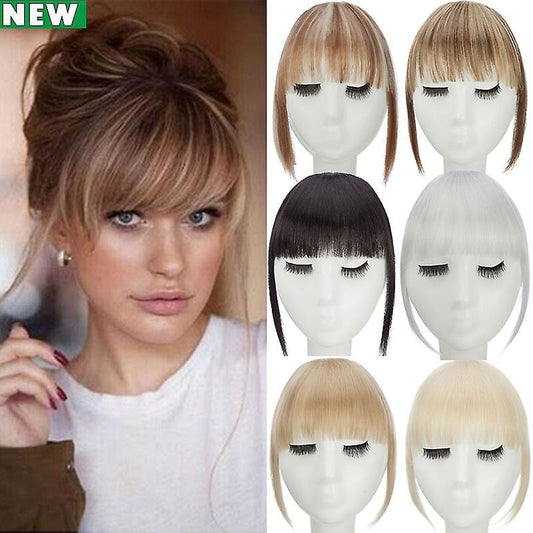Blonde clip-in French bangs with straight blunt fringe, shown on a mannequin head.