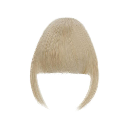 Light blonde clip-in hair bangs with straight blunt fringe, full piece view.