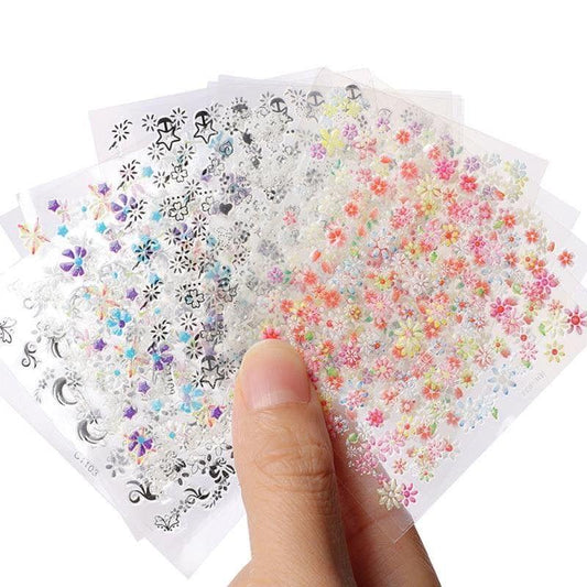 Self-adhesive nail stickers, multi-color floral and star patterns on clear sheets