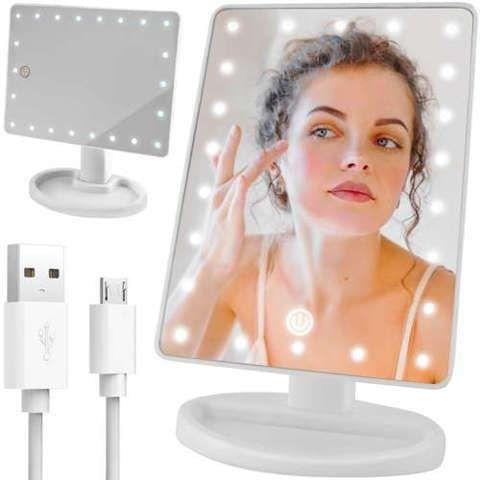 White LED makeup mirror with round stand and light bulbs around the edges