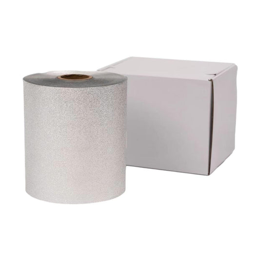 Silver hair foil roll with embossed, glittery texture and brown core
