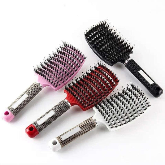 Multicolor hairbrush with padded pins and textured handle, black base