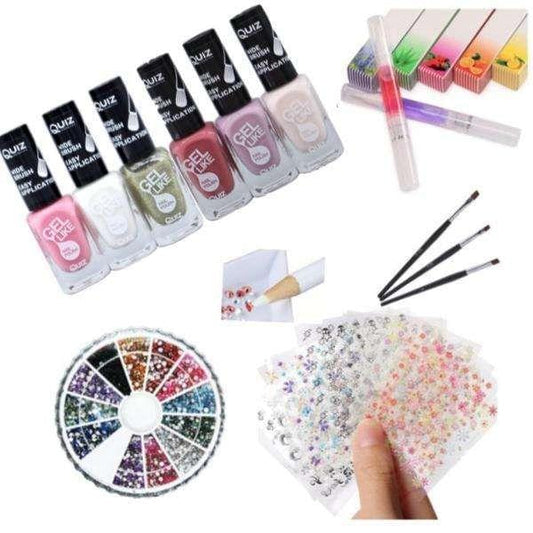 Nail decoration kit with polishes, rhinestones wheel, sticker sheets, and nail tools