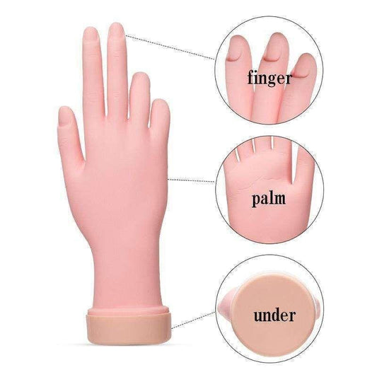 Beige silicone nail training hand with finger and palm guide circles