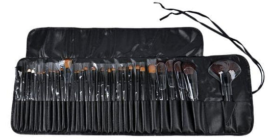 Black leather makeup brush case with neatly arranged brushes and drawstring, 32 pcs.