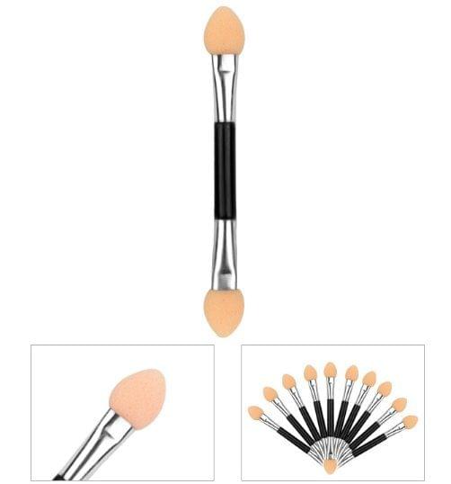Makeup sponge applicator with black handle and peach foam tip, two-angle view