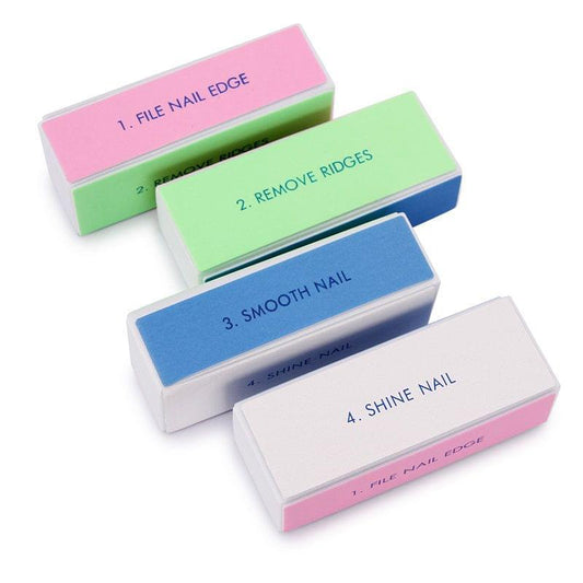 4-in-1 nail buffer file set with pink, green, blue, and beige abrasive blocks