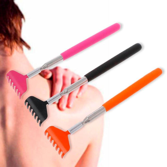 Telescopic back massager with pink, black, and orange comb heads on metal handles