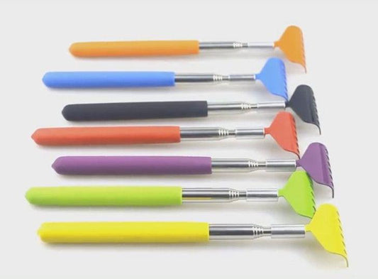 Telescopic back massagers with multicolor comb heads and silver metal rods