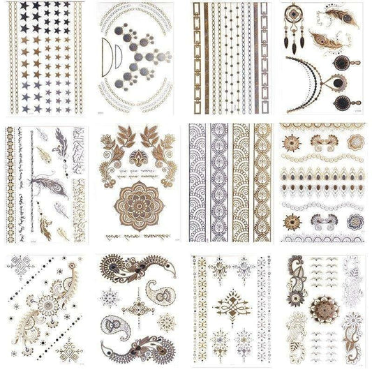 Metallic flash tattoo sheet with stars, chains, and ornamental gold-and-silver designs