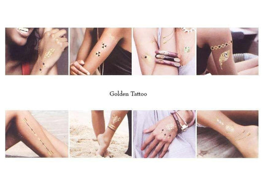 Golden metallic temporary tattoo set shown on arms with small ornamental flash motifs