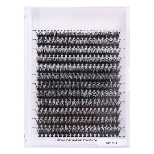 Individual false eyelash strip with multiple black lash clusters in a tray