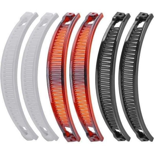 Set of 6 curved banana hair clips: white, red, and black with ridged teeth
