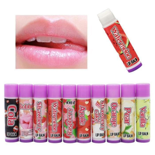 Assorted lip balm tubes with purple caps and an individual lip balm stick