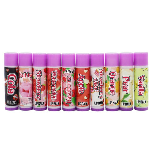 Row of 10 lip balm tubes with purple caps, assorted scents, cylindrical shape