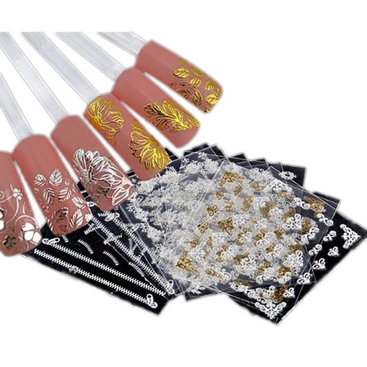 Nail sticker set with gold and silver floral designs on dark and nude strips