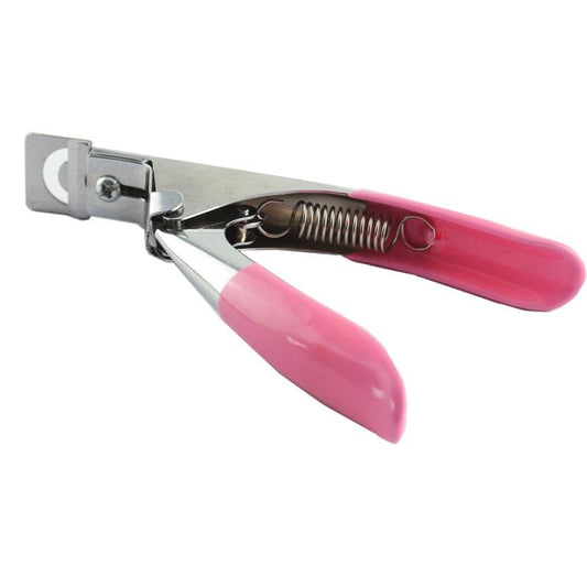 Nail scissors and tipping pliers, pink grip, open jaws and spring coil detail