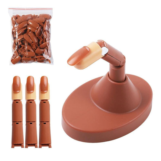 Brown silicone nail training finger with detachable fingertip tips on practice stand