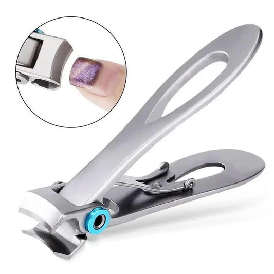 Silver nail clipper with curved handle and blue pivot ring