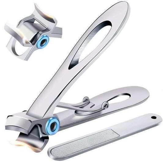 Silver nail clipper set with handle, curved jaws, and blue accent
