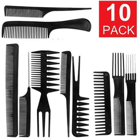 Black hair comb set, 10-piece assorted shapes with fine and wide teeth