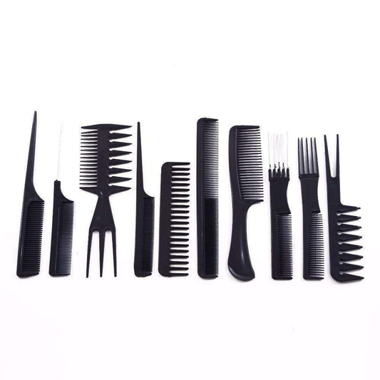 Black 10-piece comb assortment, varied sizes and teeth lengths, including tail comb