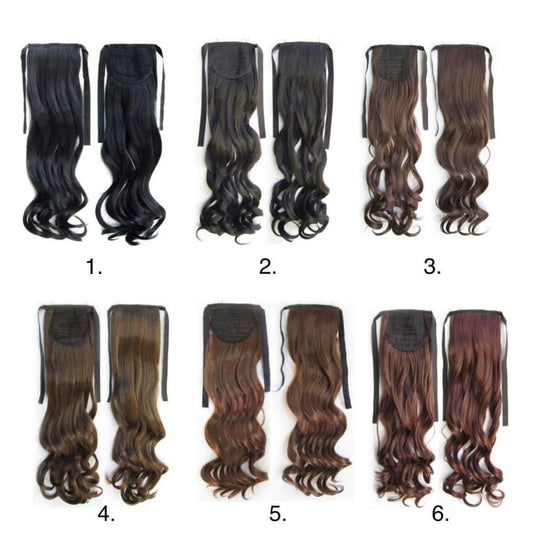 Ponytail hair extensions with long wavy hair and mesh base, multiple shades
