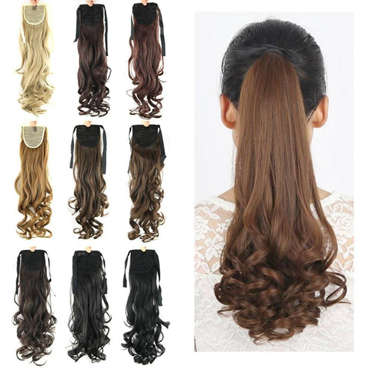 Ponytail hair extension with long dark curly hair and attached comb clip